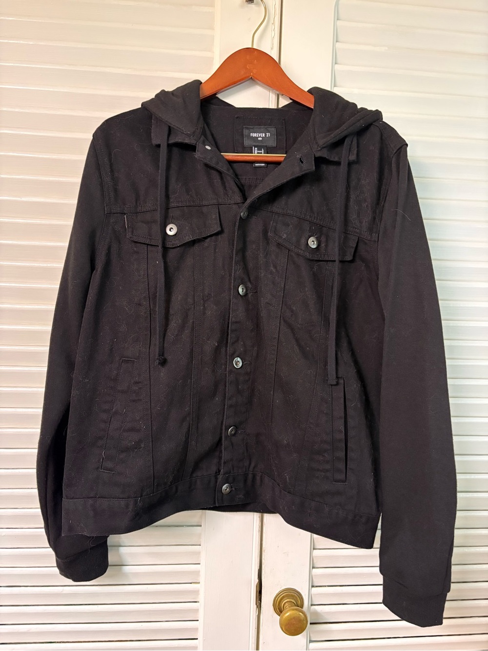 Forever 21 Men's Black Hooded Button-Up Jacket